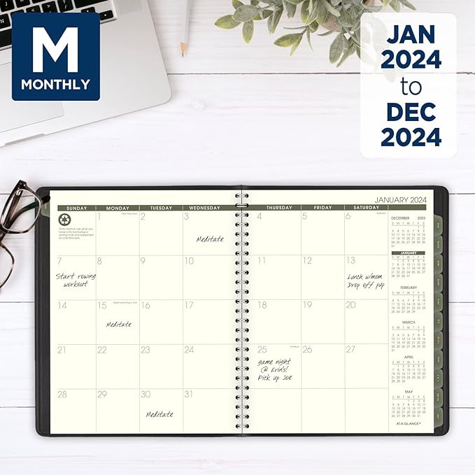 AT-A-GLANCE 2024 Monthly Planner, 7" x 8-3/4", Medium, Spiral Bound, Recycled, Monthly Tabs, Black (70120G0524)