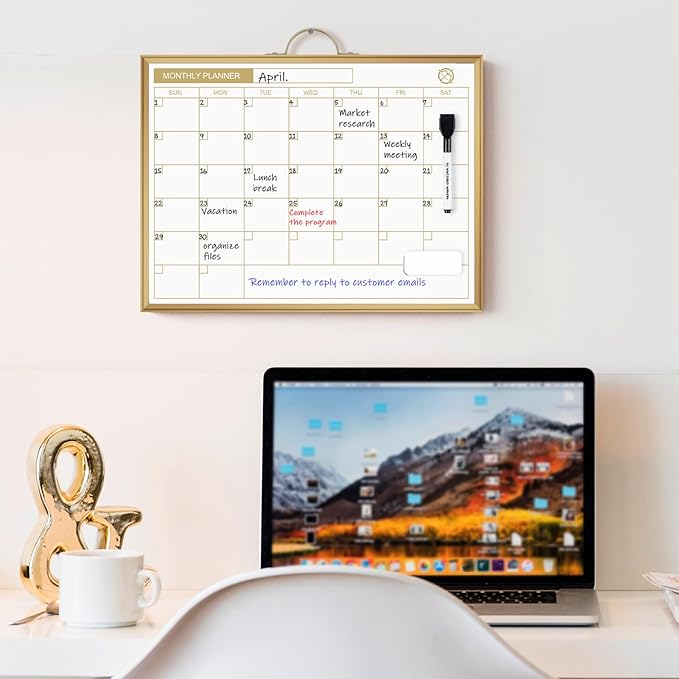 Monthly Dry Erase Board for Wall with Monthly Calendar (Gold)