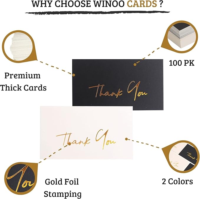Gold Mini Thank You Cards Small Business - 100 PK - Flat Card No Fold, 2 x 3.5 Inches Thank You for Your Order Cards Thank You for Your Support Cards for Wedding Black and Off White Color