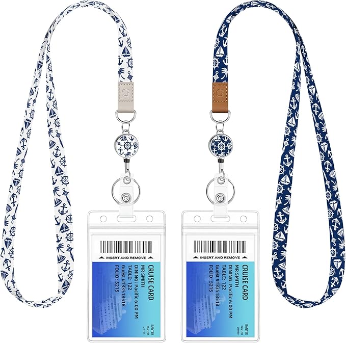 Giancomics Lanyards for Cruise Ships Cards Key, Lanyards with Retractable Badge Reel, Cute Waterproof ID Badge Holder Cruise Essentials Must Haves Zip Card Protector White Royal 2 Pack