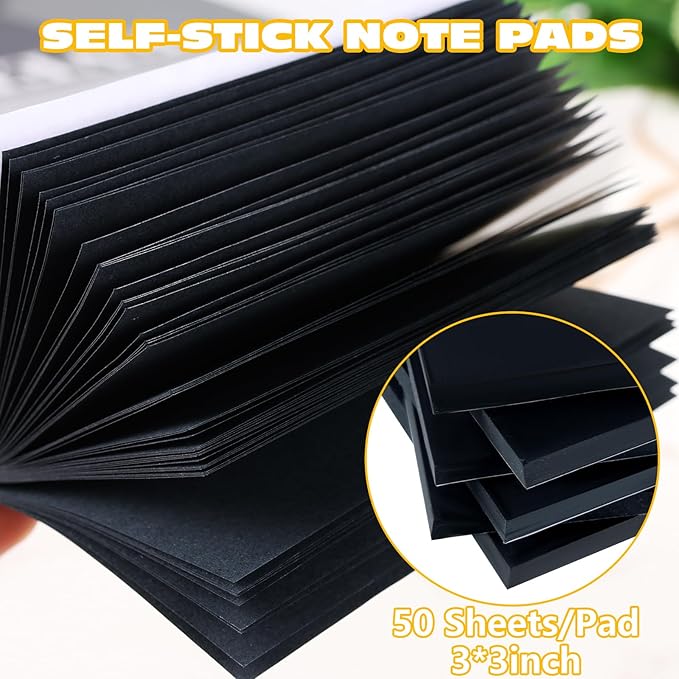 Black Sticky Notes, 3"x3" Post It Notes with 2 Metallic Pens, 6 Pads, Self-Stick Notes Pads Sticky Notes Bulk for School Home Hospital Office Supplies