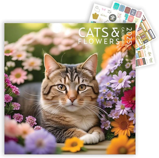 Cats and Flowers Large Wall Calendar with Sticker Pack | 12 x 12 Inches | Awesome Sticker Pack | 2025 Wall Calendar | Christmas Gift (Cats and Flowers)