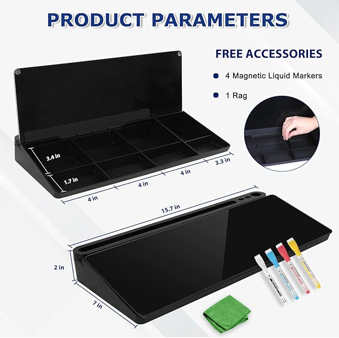 Desktop Glass Whiteboard with Storage, Desk Board with Computer Keyboard Stand, White Dry Erase Board with Drawers for Home, School, Office Desk Organizers and Accessories - Black