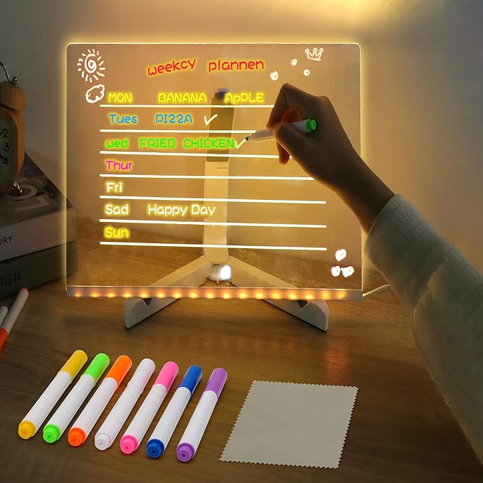 LED Note Board with Colors,LED Drawing Pad with 7 Color Pen,Light Up Acrylic Message Board with Adjustable Stand,Acrylic Dry Erase Board with Light for Office School Home,Gift for Kids(6"x6")