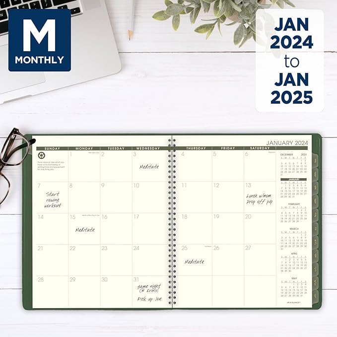 AT-A-GLANCE 2024 Monthly Planner, 9" x 11", Large, Spiral Bound, Recycled, Monthly Tabs, Green (70260G6024)