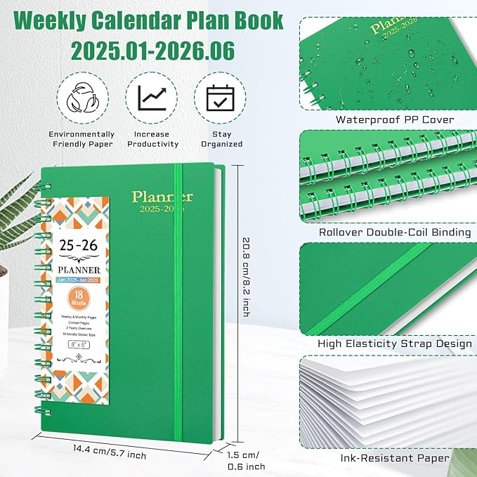 Academic Planner 2025-2026, Weekly and Monthly 2025-2026- From January 2025 - June 2026, Planning Calendar 2025-2026, 5.7" x 8.2", Dark Green