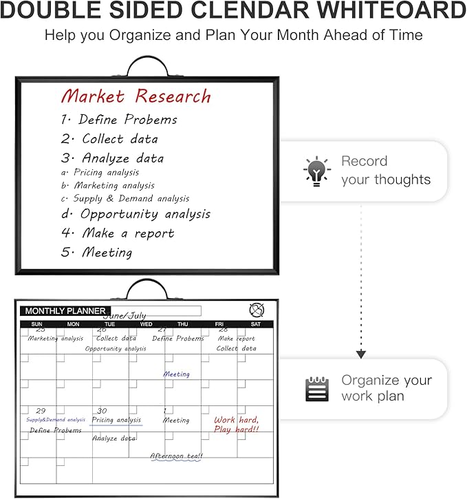 ARCOBIS Monthly Calendar Whiteboard - 12" x 16" Double-Sided Magnetic Dry Erase Board with Black Frame - Portable Wall Hanging Planner for Home, Office, School