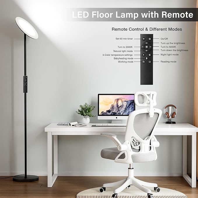 LED Floor Lamp with Remote, 36W/3000-5000K,Touch Control, Fully Dimmable, Adjustable Brightness, 69 in, Black(Remote is Packaged in The Base)