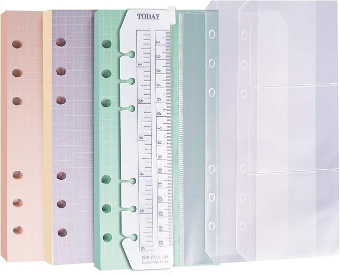 A6 Refills Paper, 3 Pack 40 Sheets A6 Colorful Grid Binder Paper, 3 Pcs Binder Pockets, 1 Page Marker - 6 Hole Notebook Inserts for 6 Ring Refillable A6 Binder Notebook Planner