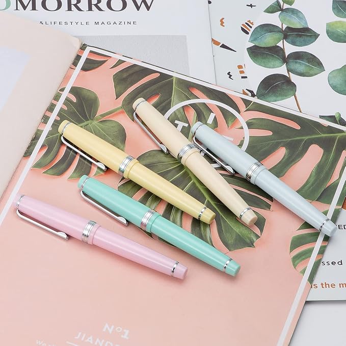 Jinhao 82 Pink Acrylic Fountain Pen, Iridium Bent Nib Classic Design Smooth Writing Pen with Ink Converter (Silver Trim)