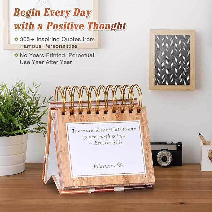 Motivational Calendar, Daily Flip Calendar with Inspirational Quotes, Perpetual Desk Calendar, Inspirational Gifts for Women, Positive Office Decor for Women, Desk Accessories for Women Men,Wood Grain