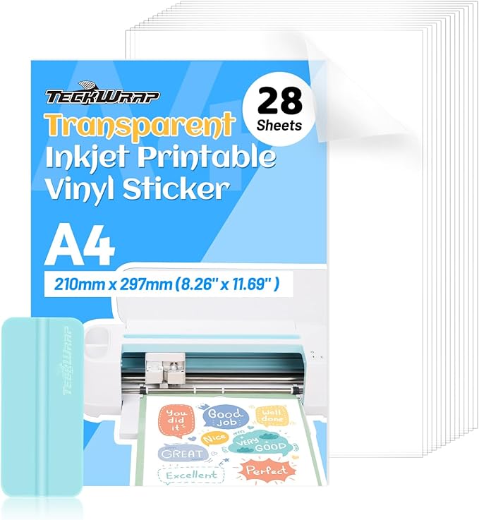 TECKWRAP Printable Vinyl Sticker Paper for Inkjet Printer, Transparent Inkjet Printable Sticker Paper, 8.26" x 11.69" A4 Size for Scrap-booking, Craft Cutters, Home Decor, 28 Sheets/Pack