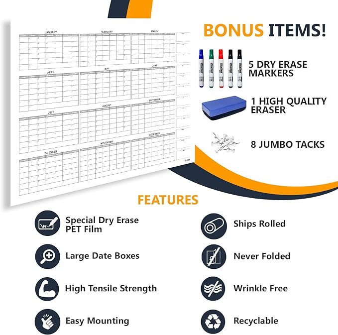 Dry Erase Laminated Super Jumbo Calendar 58"x42" white