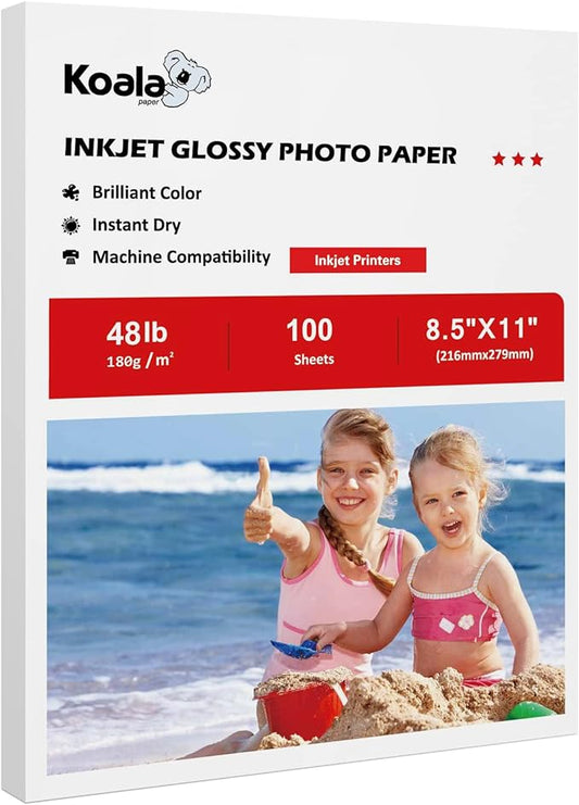 Koala Glossy Inkjet Photo Paper 8.5X11 Inches 48lb 100 Sheets Professional Glossy Photographic Paper Compatible with Inkjet Printer Use DYE INK 180GSM