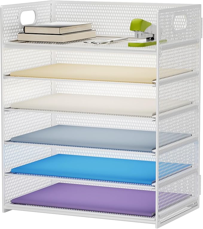 Marbrasse 6 Tier Paper Organizer - Mesh Desk File Holder with Handle, Letter/A4 Paper Sorter - White