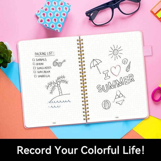 Alltree Spiral Dot Grid Notebook Journal, Dotted Paper Notebook for Work, Hardcover Spiral Notebook with Pen Loop, Pocket, Stickers, 160 Pages, Journal for Women & Men, Pink(6"x8.5")