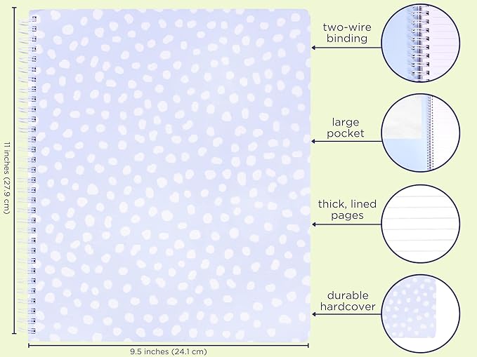 Steel Mill & Co Cute Large Spiral Notebook College Ruled, 11" x 9.5" with Durable Hardcover and 160 Lined Pages, Light Blue Dots