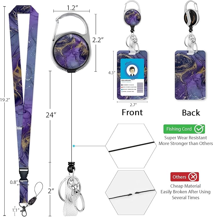 ID Badge Holder with Breakaway Lanyard, Retractable Badge Reel Name Tag, Cute Funny Purple Marble Lanyards for ID Badges Ajustable, Teacher Nurse Work Office Gifts