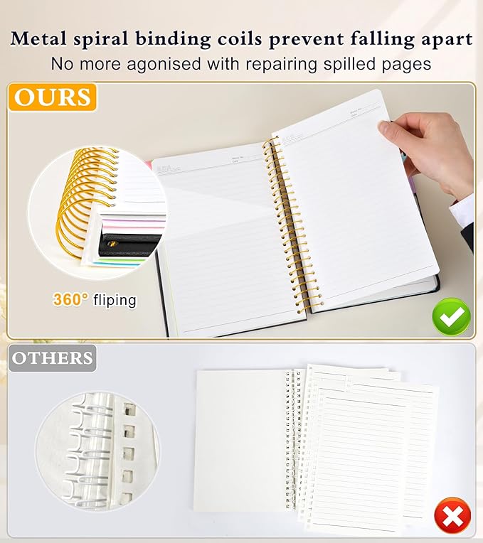 5 Subject Notebook College Ruled with Removable Pocket Dividers Tabs, 240 Pages Spiral Notebook 8.5 x 11, Lined Journal Notebook for Women , Hardcover Notebooks for Work School Note taking A4 Black