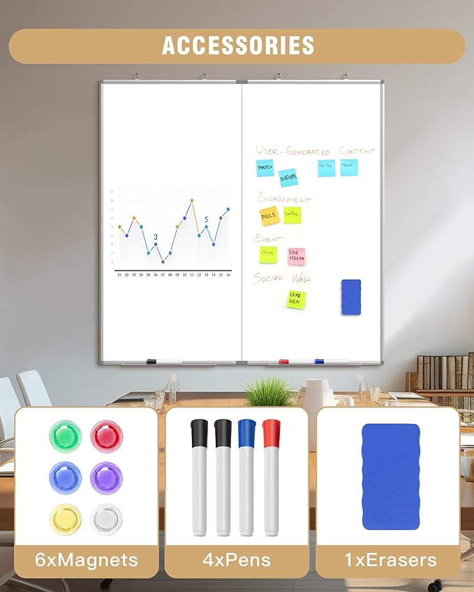 48"X 48" Large Magnetic Dry Erase Whiteboard, Removable Wall Hanging Board with 4 Pens & 1 Dry Erasers & 6 Magnets, Sliver Aluminum Frame White