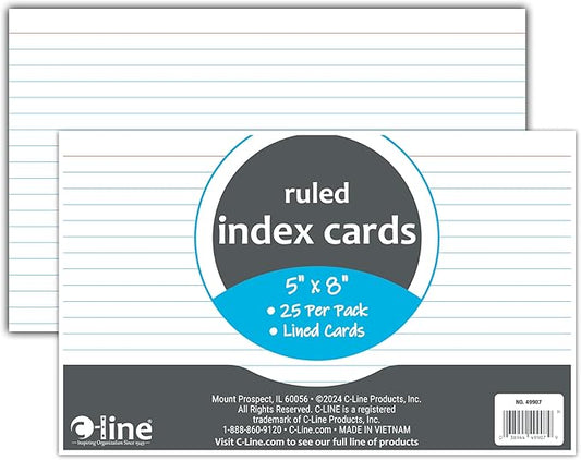 C-Line 5” x 8” Index Cards, White, Ruled, 25/PK (49907)