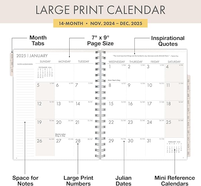 Essential PRO 2025 Daily, Weekly & Monthly Planner, 7"x9": 14 Months (Nov 2024 - Dec 2025) Monthly Tabs,Daily Tracking,Notes Pages,Storage Pocket,Bookmark w Sticky Notes (Tree Seasons)