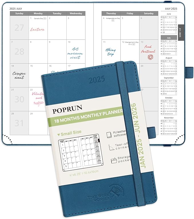 POPRUN Pocket Monthly Planner 2025-2026 (Pocket- 4''x 6.25''Soft Leather Cover) - 18 Month Calendar Book for Purse (January 2025-June 2026), 100 GSM Thick Paper - Night Sky Blue