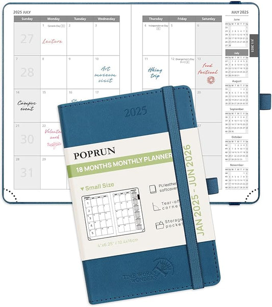 POPRUN Pocket Monthly Planner 2025-2026 (Pocket- 4''x 6.25''Soft Leather Cover) - 18 Month Calendar Book for Purse (January 2025-June 2026), 100 GSM Thick Paper - Night Sky Blue