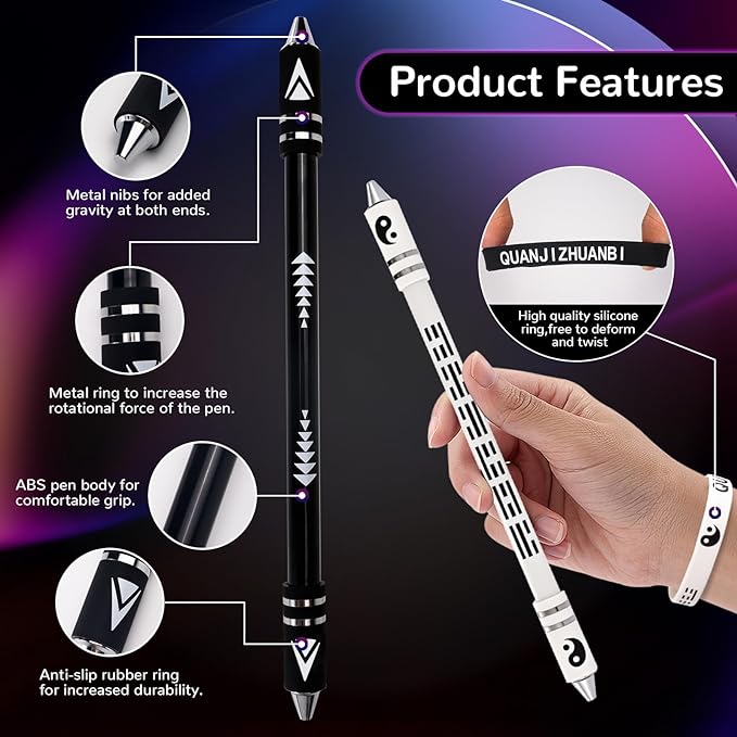 2 Colors Pen Spinning with Silicone Bracelet, Metal Heads Gaming Finger Pen, 8.5In Weighted Rotating Ballpoint Pen, Spinning Pen for Student Adults, No Pen Refill (Black,White)