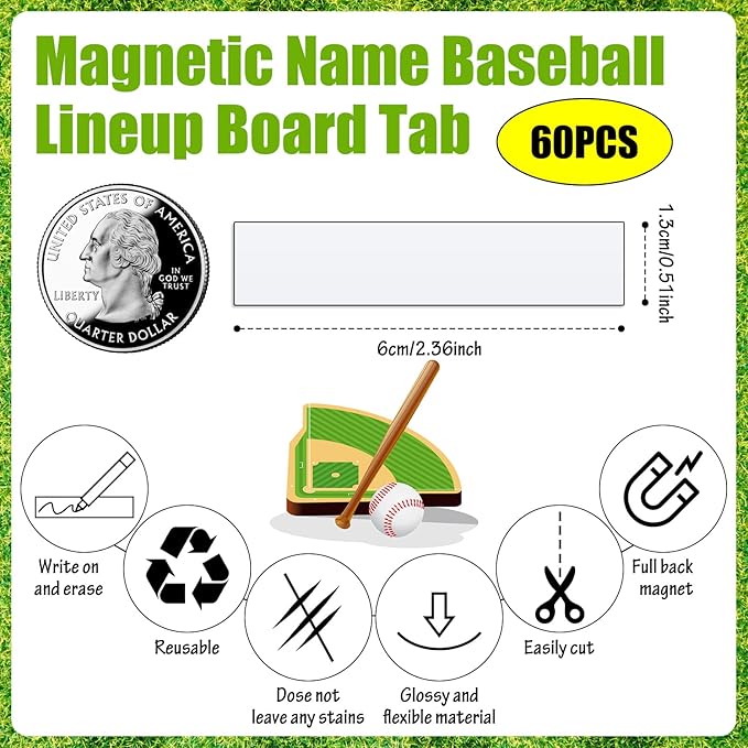 Deekin 60 Pack 2.36 x 0.51 Inches Magnetic Baseball Lineup Board Tabs White Magnetic Dry Erase Labels Write Wipe Magnet Strip for Dugout Name Tags Softball Line up Board Clipboard Calendar Home Office