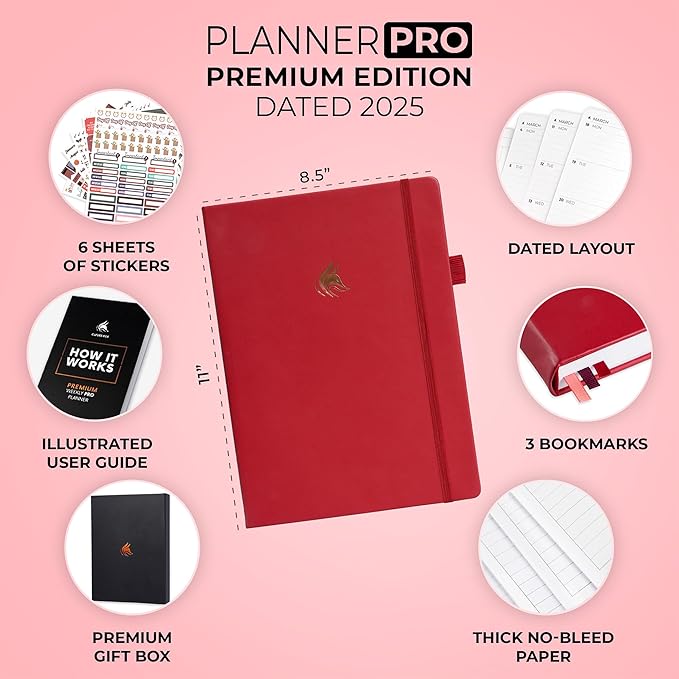Clever Fox Planner PRO Premium Jan 2025-Jan 2026 – Luxurious Weekly, Monthly & Budget Agenda Organizer for Productivity & Reaching Goals, A4 Hardcover + Keepsake Box – Red