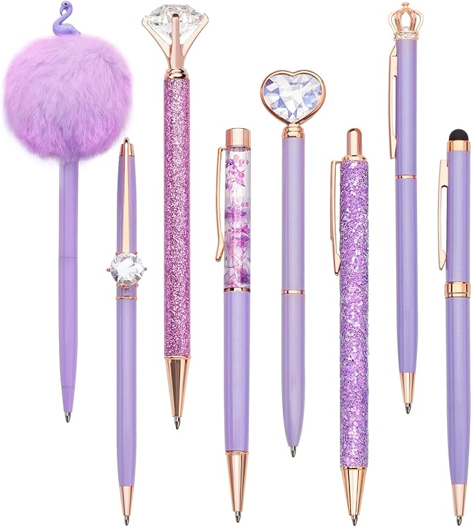 WEMATE 8Pcs Ballpoint Pens Set Metal Crystal Diamond Pen Glitter Pen for Journaling Purple Pens Bling in Black & Blue Ink Pretty Cute Pens Fancy Pens Gifts for Women Wedding School Office Desk(Purple)