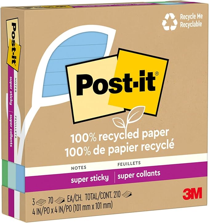 Post-it 100% Recycled Paper Super Sticky Notes, Lined, 4 in. x 4 in., 3 Pads, 70 Sheets per Pad, Oasis Collection, School Supplies and Office Products