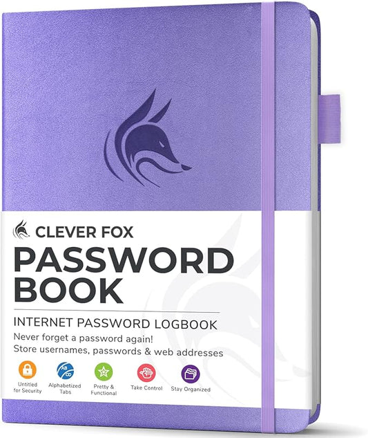 Clever Fox Password Book with Alphabetical tabs. Internet Address Organizer Logbook. Small Pocket Password Keeper for Website Logins (Lavender)