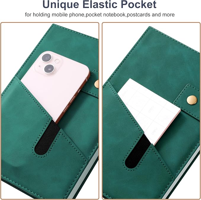 A5 Leather Journal Notebook with Pen, 200 Pages Hardcover Journal with Pocket, 100gsm Thick Lined Paper Daily Diary for Men and Women, Great Gift for Business School Travel Personal - Green