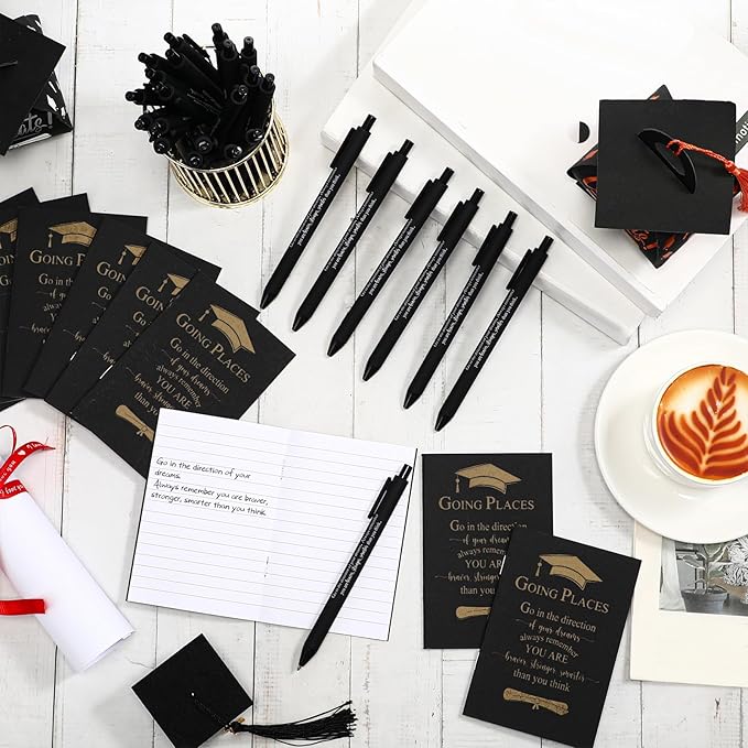 Kosiz 120 Pcs Graduation Gifts Motivational Mini Journal Inspirational Bamboo Pen Kraft Notebooks Bulk Wooden Retractable Ballpoint Pen for Class of 2025 College Gifts (Black)