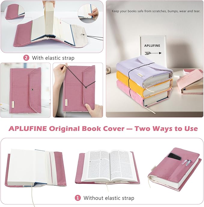 Canvas Book Covers, Washable Book Protector, Book Cover for Paperback Novels, Adjustable Book Cover for Hardcover with Pockets for Pen, Soft Cover Books, Book Lovers Gifts