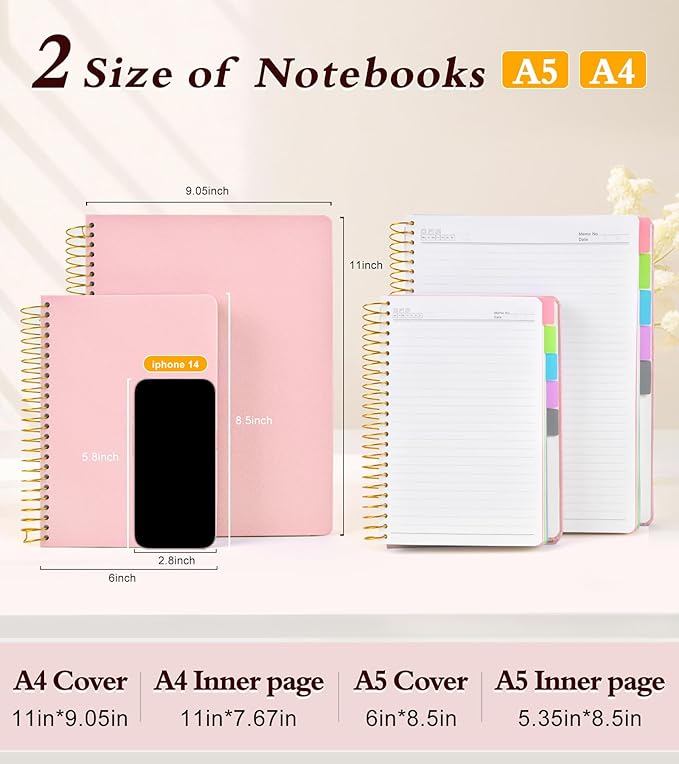5 Subject Notebook College Ruled with Removable Pocket Dividers Tabs, 240 Pages Spiral Notebook 8.5 x 11, Lined Journal Notebook for Women , Hardcover Notebooks for Work School Note taking A4 Pink