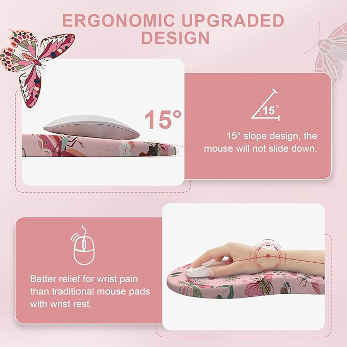 iLeadon Pink Large Desk Mat for Keyboard and Mouse,Ergonomic Massage Wrist Rest Set for Computer Keyboard,Big Flora Mouse Pad XXL+Cup Coaster with Non-Slip Base for Women Home Office,Pink Insect