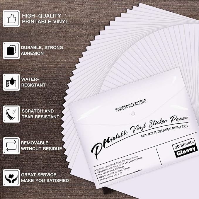 JANDJPACKAGING Printable Vinyl for Inkjet & Laser Printer - 30 Pack Printable Vinyl Sticker Paper Glossy White - Standard Letter Size 8.5"x11"