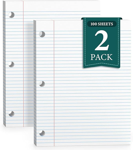 Loose Leaf Paper, Notebook Paper, 8 x 10.5 College Ruled Paper, 3 Hole Punch Binder Paper, Lined Paper for 3 Ring Binders, College Ruled Paper, 100 Sheets/Pack Filler Paper (2 Pack)
