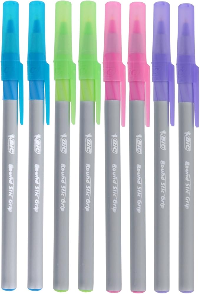 BIC Round Stic Grip Xtra Comfort Fashion Ballpoint Pens, Assorted Fashion Colors, Pack of 8