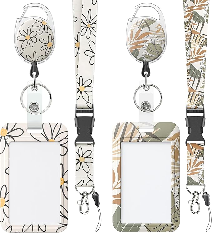 Uniclife 2 Pack Floral Sliding Badge Holder Flower Leaves Plastic Case with Retractable Badge Reel Carabiner Clip and Detachable Lanyard Strap Hard Vertical Card Protector for Women Nurse Teacher