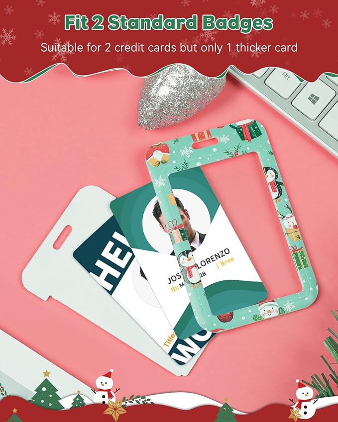 Uniclife Christmas Sliding Badge Holder Cartoon Santa Claus Hard ID Card Holder with Retractable Badge Reel Carabiner & Detachable Lanyard Strap Vertical Card Protector for Women Nurse Teacher Student