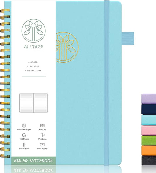 Alltree Lined Journal Notebook, Spiral Notebook for Work, Hardcover Spiral Notebook with Tabs, Pen Loop, Pocket, Stickers, 160 Pages, Journal for Women & Men, Sky Blue(6"x8.5")