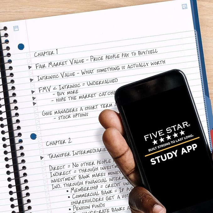 Five Star Advance Spiral Notebook + Study App, 3 Subject, College Ruled Paper, 8-1/2" x 11", 150 Sheets, Spiral Guard, Movable Tabbed Dividers and Pockets, Blue (73138)