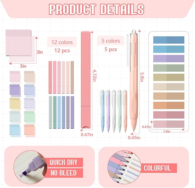 Jutom 39 Pcs Aesthetic Book Annotation Kit Pencil Case Bag with Highlighter Gel Pen 700 Sheets Transparent Sticky Notes Pads Index Tab Bible Study Supplies for School(Beige,Floral Style)