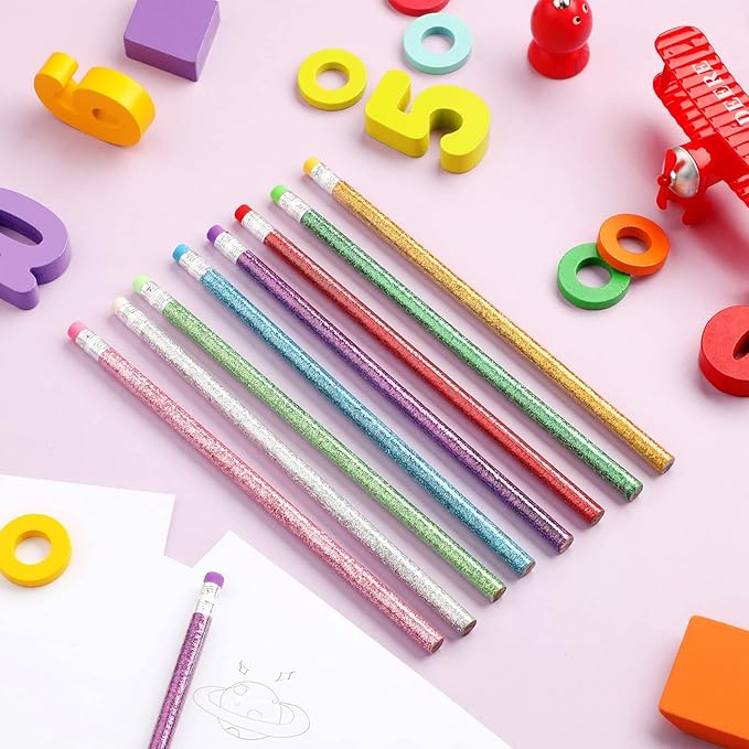 Outus 68 Pieces Glitter Pencils with Eraser Wood Colorful Pencils and Sharpeners for Graduation Kids Writing Painting