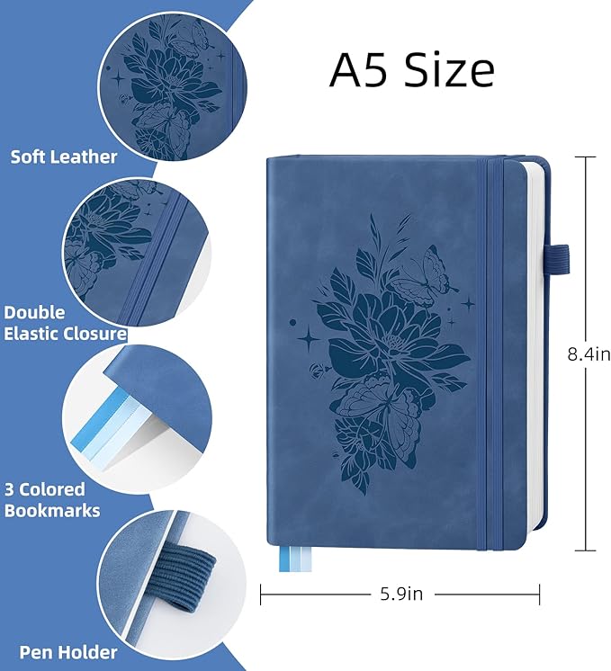 Lined Journal Notebook 365 Pages, A5 Leather Journals for Writing Women & Men, Hardcover Notebook with 100GSM Thick Paper, Daily Journal Notebook for Travel, Work, School, Note Taking, College Ruled