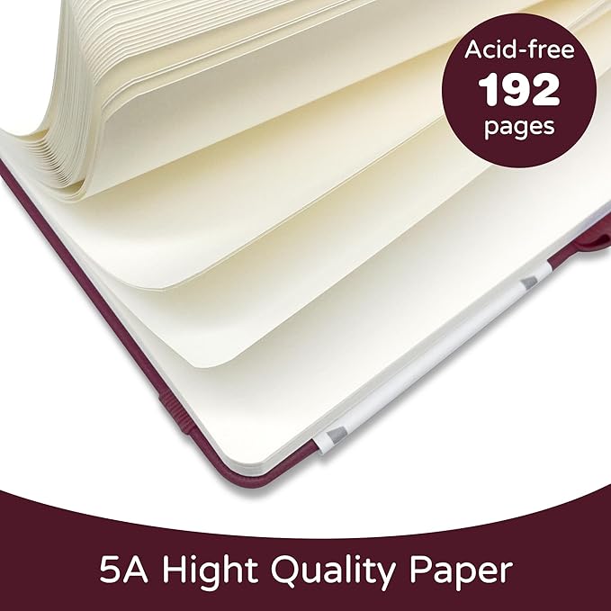 Blank Journal Notebook, A5, 192 Pages 100 GSM Thick Sketch Book for Women Men, Hardcover Leather Unlined Journaling for Work, Notebooks for Writing, 5.8 inches x 8.5 inches (Burgundy)
